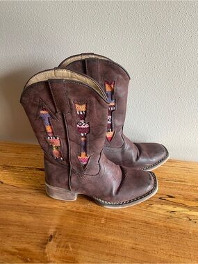 Roper Kids Brown Western Boots with Multicolor Stitch Accents